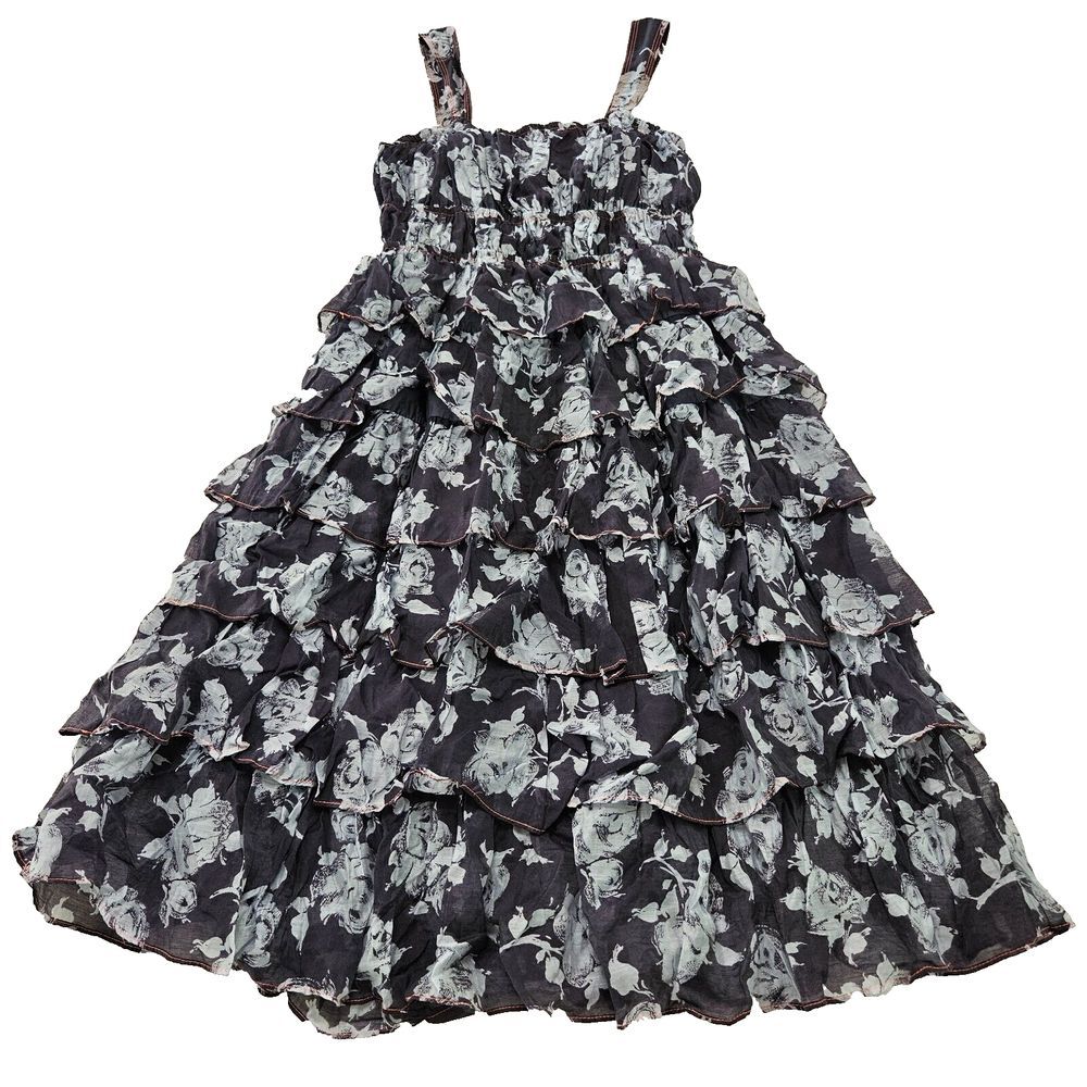 Azoe Blue Gray Floral Sleeveless Layered Tiered Ruffle Midi Dress‎ Sz L Ethereal